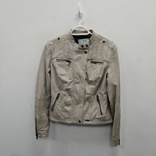 Superdry Leather Jacket Womens Beige Motorcycle Biker Motor Rock Rocker Size XL