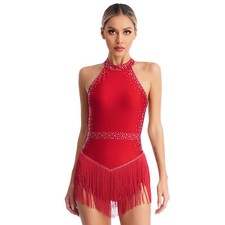 Women Fringe Latin Dance Dress Sparkly Tango Ballroom Rumba Chacha Leotard Dress