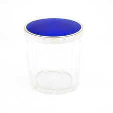 Antique Sterling Silver Guilloche Enamel Cut Glass Dressing Table Jar / Box