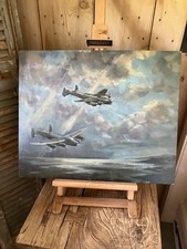 Oil on board of Lancaster Bombers WW11