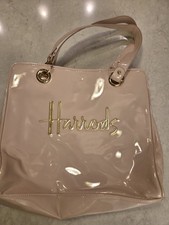 Tan Beige Harrods Patent Leather Goldtone Accent Tote Bag Purse