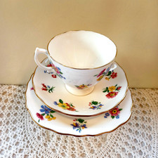 Vintage 1960s ROYAL VALE Bone China Charming Tea Trio Set Bright Floral Design