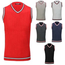 Mens Sleeveless V Neck Jumper Cable Knitted Cricket Golf Sweater Jersey Vest Top