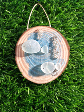Original hand painted wood slice art white English sea glass fish swimming sea