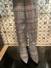 JUSTFAB Vyvyan Thigh High Boots Heels Size 7.5 Blue Checked New Lace Tie Up