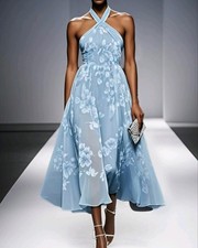 Light Blue Floral Chiffon Halter Sleeveless A-Line Midi Dress