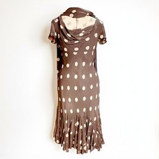 Vintage Y2K 2000s Bias Cut Ruffled Dress Silk Brown Polka Dot Size 8