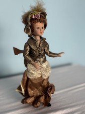 Vintage Victorian-Style Porcelain Doll • 19cm • Brown Gown & Feather Hat