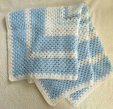 Re-Born Baby. New Born. Pram.Cot.Knee.Pet Blanket. Crochet. Blue & White .New.