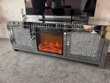 Diamond crush Silver Mirrored Door TV entertainment Unit with Fire  150cm