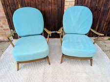 Pair of vintage 1960s Ercol 203 Windsor blue label golden dawn lounge chairs