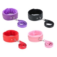 Faux Leather Soft Fur Fetish Party Restraint Collar Necklace, Wrist Ankle cuffs