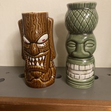 2 x Ceramic Tiki Mugs Glazed Marked Tiki Lin in good condition 