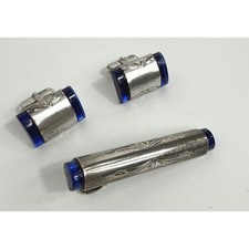 Vintage Anson Sterling Silver Engraved Cufflinks and Tie Clip Set Blue Stone