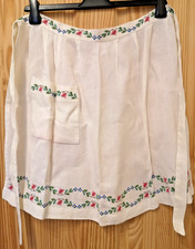 Vintage Linen Apron . white with pink cross stitch flowers Floral Half apron