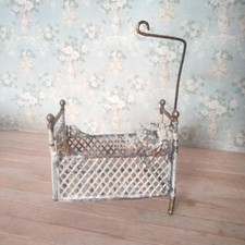Dolls house vintage, German metal cot with canopy wire, only three legs
