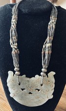 Soft Jade Large Dragon Carving with Nephrite Green Jade Bead Necklace 20 Inch