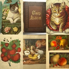 Antique Victorian Scrapbook circa 1890 Kittens Fruit Flowers  some Trade Cards
