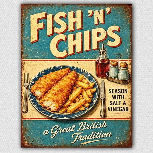 Metal wall sign fish chips - metal,