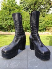 Vintage 1970s Black Leather Platform Boots Men's UK Size 7