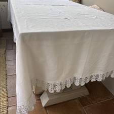 Vintage Linen & Lace Tablecloth Large Size 90 X 57”