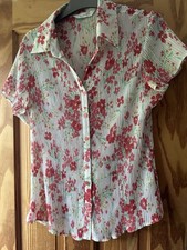 BHS Classics ladies ivory/white Pink Floral short sleeve crinkled blouse size 12