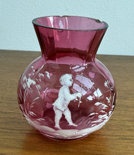 Antique Cranberry Glass Small Vase Fenton Painted Mary Gregory CHIPPED