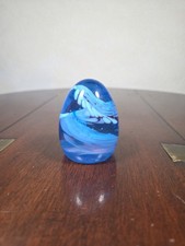 Vintage Caithness Blue And White Egg Shaped Scottish Art Glass Paperweight