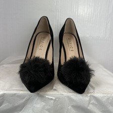 Office London Black Pom Pom Court Shoes Size 4 Faux Velvet High Heel - 444