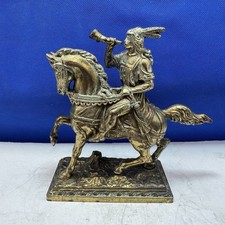 Indian On Horse Brass Color Native American Statue 7” Figure Vintage Cast