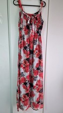 Coral white black floral art print black sleevless maxi long dress size M