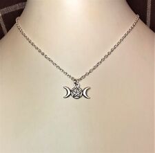 Triple Moon Pentagram Pendant Silver-Plated Chain Necklace - Wiccan Pagan Celtic