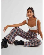 Free People Cristina Low-Rise Flare Plaid Trousers UK8 US4 RRP $128 BNWT