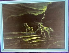Robert Ixer Horses Seascape Painting on Black Velvet Signed Framed Art Work