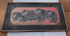 Hindu Royal Elephants Painted On Fabric/Silk - Framed 36x19cm