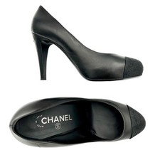 Chanel Heels EU39.5 UK 6.5 US9.5 Black Pearlized Leather Sparkle Cap Toe CC Logo