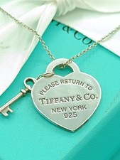 Return to Tiffany & Co Silver Heart Tag & Silver Key Necklace 16"Genuine