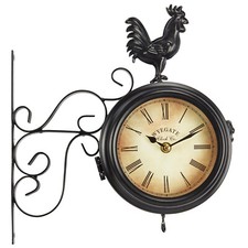 Wyegate Garden Station Clock Wall Mount Rooster Outdoor Thermometer Double Sided