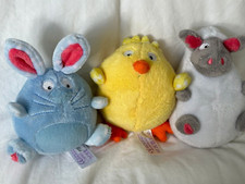 3 easter soft toys chicken yellow chick  white baa lamb and fluffy blue rabbit