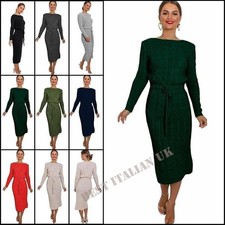 Womens Cable Knit Tie Up Midi Jumper Pocketed Dress Long Sleeve Party Dress