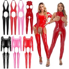 UK Women Sexy Hollow Out Catsuit PVC Full Bodysuit Leotard Clubwear Jumpsuit