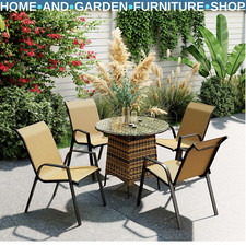 Garden Chair Set 4 Rattan Stacking Steel Frame Powder Coated Rectangular Khaki