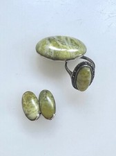 Antique 925 Silver Green Scottish Iona Marble Brooch Ring Earrings Jewellery Set