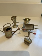 Vintage Collection Of Miniature Brass Garden Tools Inc Watering Can, Wheelbarrow