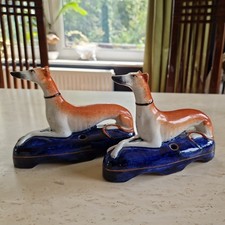 Antique Pair Victorian Staffordshire Realining Greyhounds Pen Holders  Inkwells