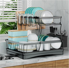2-Tier Large Dish Drying Rack W/ Utensil Holder & Drain Board Black Kitchen