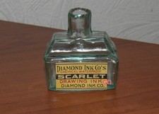 ANTIQUE BURST LIP BOAT  INK BOTTLE  LABELED DIAMOND  INK  CO`S SCARLET INK