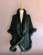 COAST One Size Black Stretch Suedette + Faux Fur Trimmed Poncho Cape