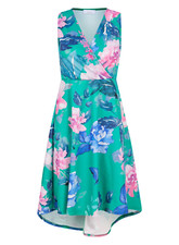 Ladies Quiz Jade Green Floral Print V neck Dipped Hem Occasion Dress Sizes 8-18