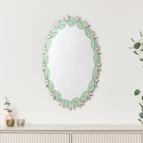 Pink green oval floral - &,